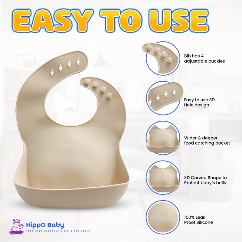 HippoBaby Baby Led Weaning Supplies | 10 Piece Silicone Feeding Set | Baby Toddler Bib Cup Divided Plate and Bowl Self Feeding Spoons Dish Set | Baby Utensils | Toddler Feeding Supplies (Beige) - Image 4